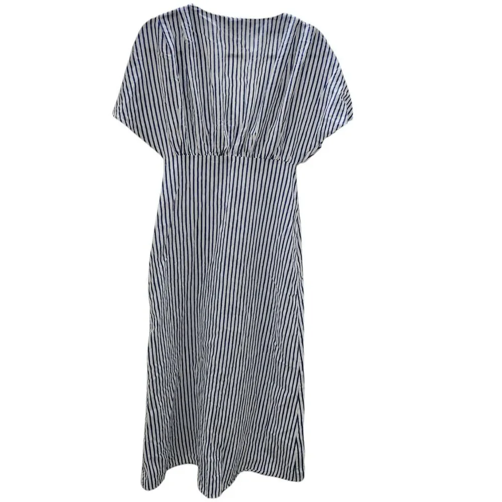Zara Dress Small Blue White Striped Linen‎ Midi Side Slit Preppy Bloggers Fave